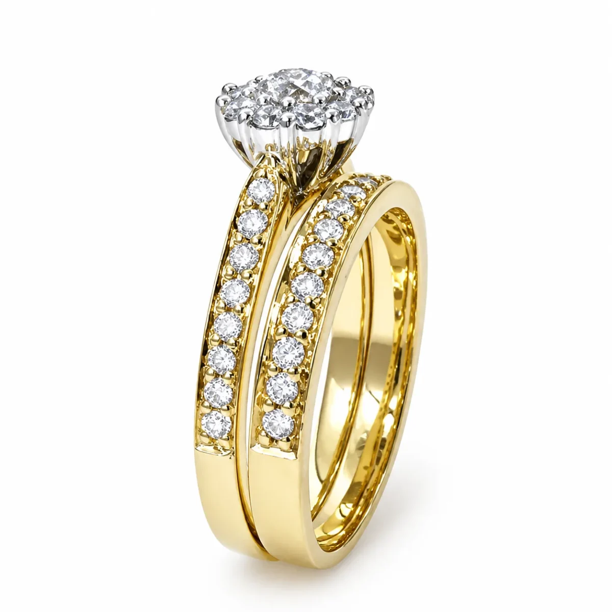 9ct Yellow Gold CZ Bridal Set – Halo Cluster Engagement Ring & Matching Wedding Band - 9CTD5487AB
