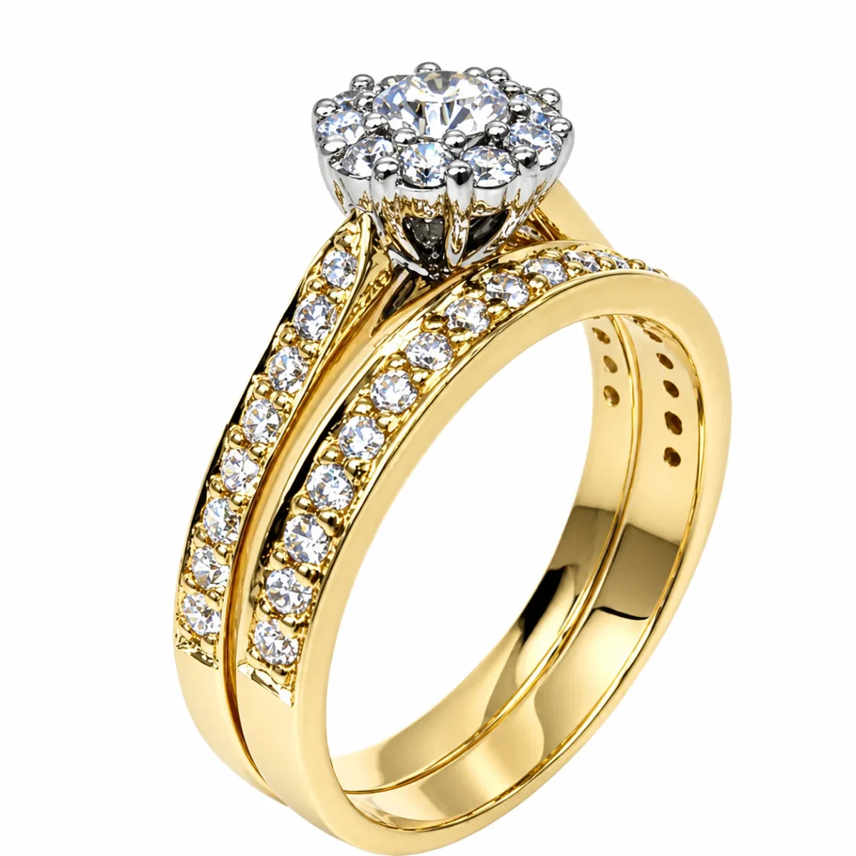 9ct Yellow Gold CZ Bridal Set – Halo Cluster Engagement Ring & Matching Wedding Band - 9CTD5487AB
