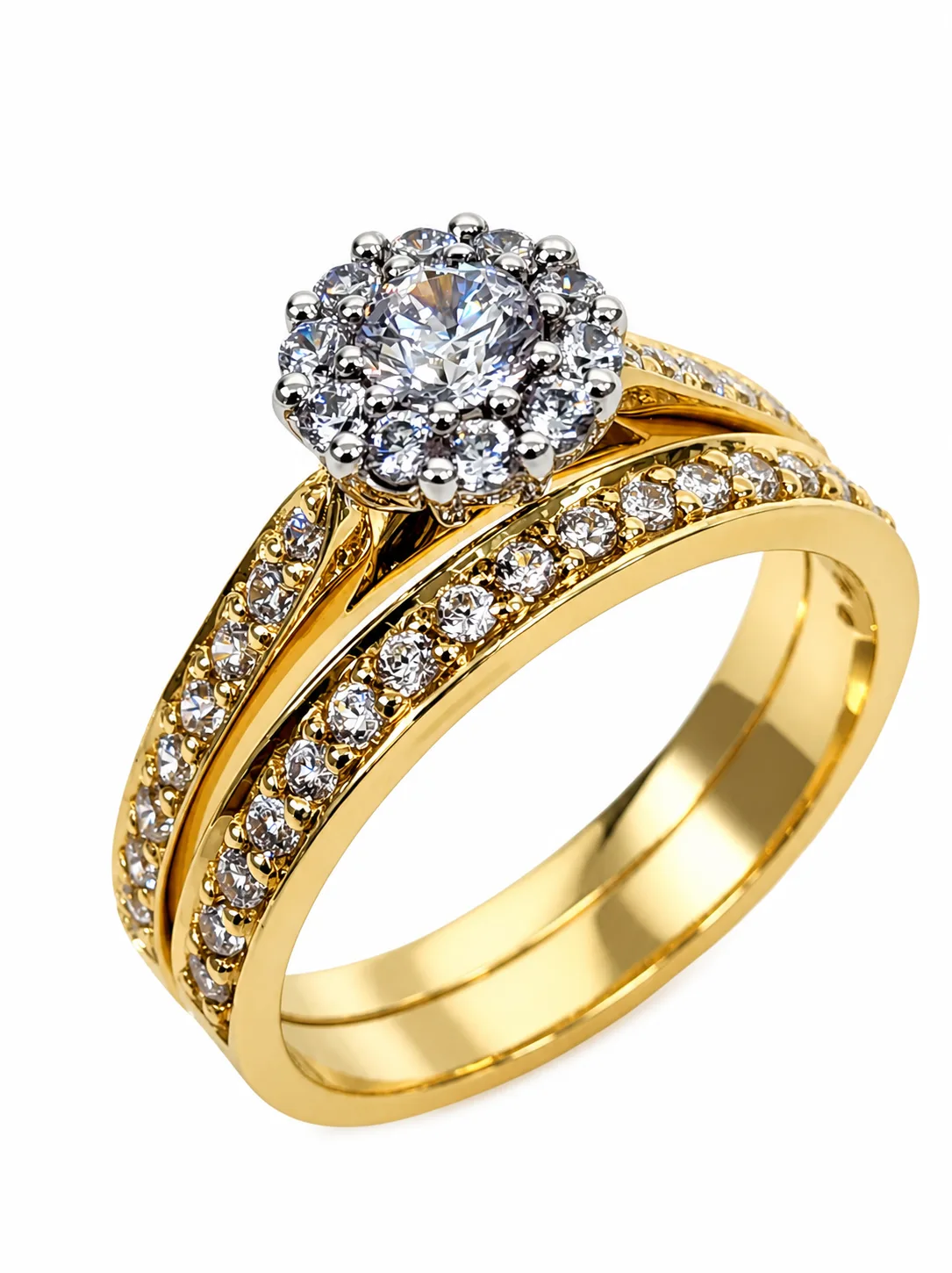 9ct Yellow Gold CZ Bridal Set – Halo Cluster Engagement Ring & Matching Wedding Band - 9CTD5487AB