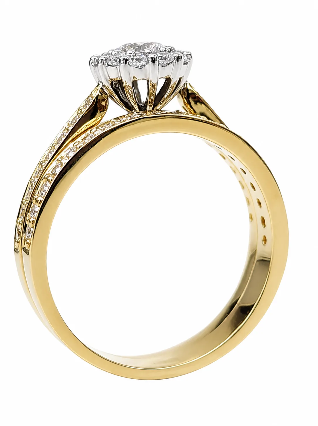 9ct Yellow Gold CZ Bridal Set – Halo Cluster Engagement Ring & Matching Wedding Band - 9CTD5487AB