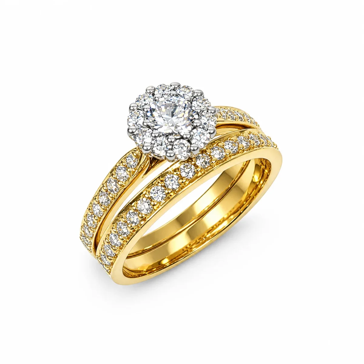 9ct Yellow Gold CZ Bridal Set – Halo Cluster Engagement Ring & Matching Wedding Band - 9CTD5487AB