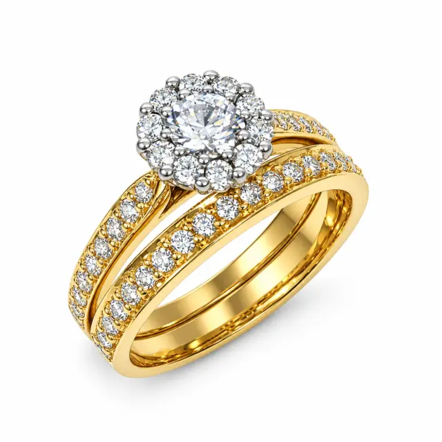 9ct Yellow Gold CZ Bridal Set – Halo Cluster Engagement Ring & Matching Wedding Band - 9CTD5487AB