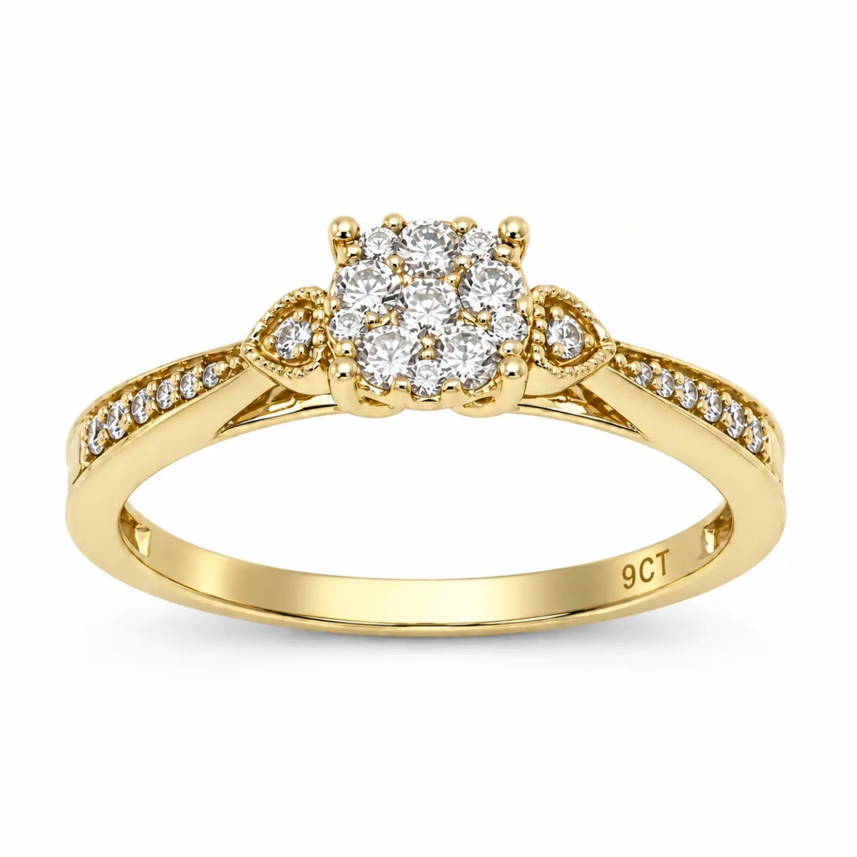 9ct Yellow Gold CZ Cluster Ring with Diamond-Cut Inspired Halo Design - 9CTAUCRG1110