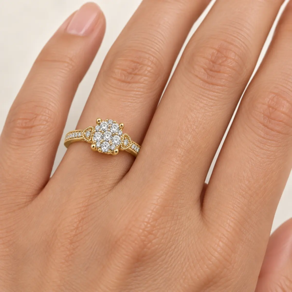9ct Yellow Gold CZ Cluster Ring with Diamond-Cut Inspired Halo Design - 9CTAUCRG1110