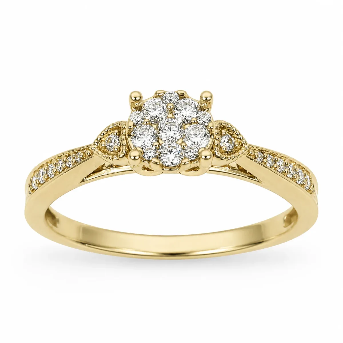 9ct Yellow Gold CZ Cluster Ring with Diamond-Cut Inspired Halo Design - 9CTAUCRG1110