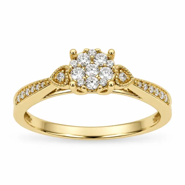 9ct Yellow Gold CZ Cluster Ring with Diamond-Cut Inspired Halo Design - 9CTAUCRG1110