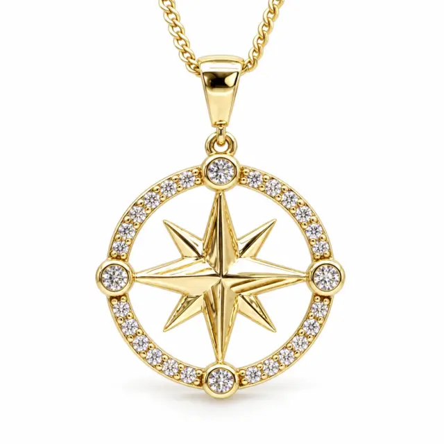 9ct Yellow Gold CZ Compass Star Pendant 18mm Round with Complimentary Display Chain - 5P0286