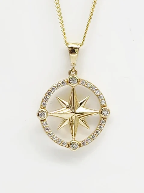 9ct Yellow Gold CZ Compass Star Pendant 18mm Round with Complimentary Display Chain - 5P0286