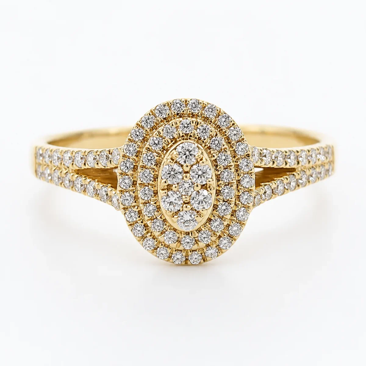 9ct Yellow Gold CZ Double Halo Oval Cluster Ring with Split Shank - 9CTAUCR813