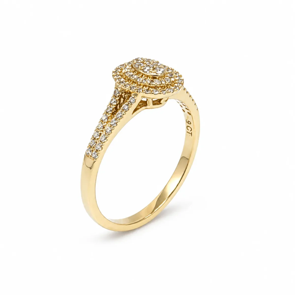 9ct Yellow Gold CZ Double Halo Oval Cluster Ring with Split Shank - 9CTAUCR813