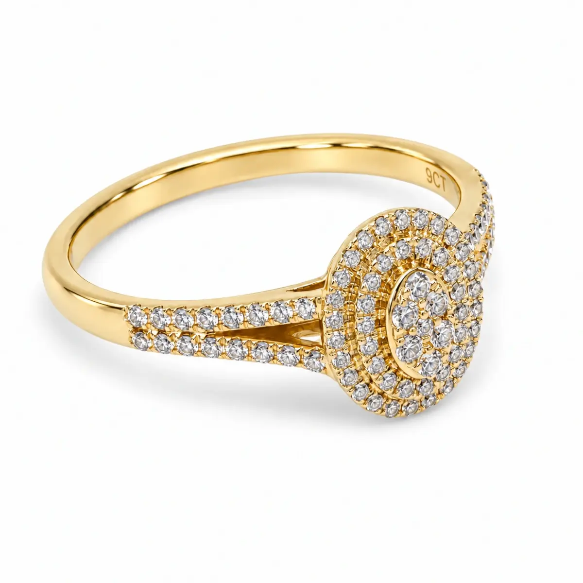 9ct Yellow Gold CZ Double Halo Oval Cluster Ring with Split Shank - 9CTAUCR813