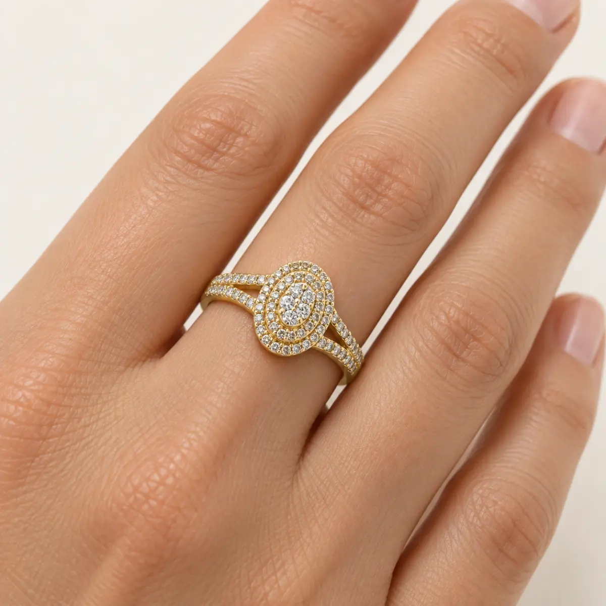 9ct Yellow Gold CZ Double Halo Oval Cluster Ring with Split Shank - 9CTAUCR813