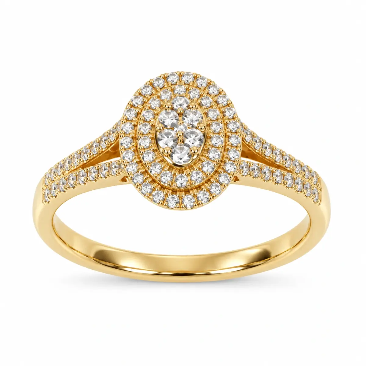 9ct Yellow Gold CZ Double Halo Oval Cluster Ring with Split Shank - 9CTAUCR813