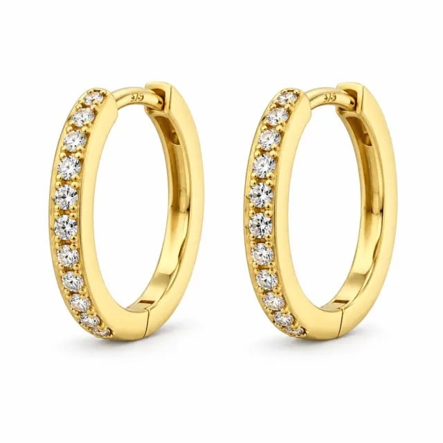 9ct Yellow Gold CZ Huggie Earrings, 2mm x 12mm, with Sparkling Cubic Zirconia Stones & Polished Finish - 5ER0470