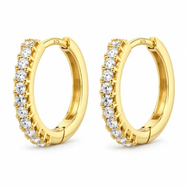 9ct Yellow Gold CZ Huggie Earrings, 2mm x 12mm, with Sparkling Cubic Zirconia Stones & Polished Finish - 5ER0473