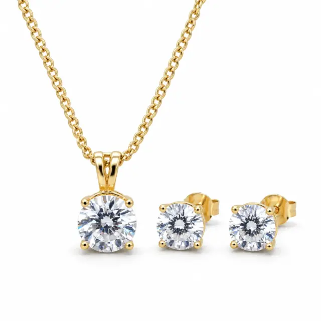 9ct Yellow Gold CZ Pendant & Cushion Cut CZ Stud Earrings Set