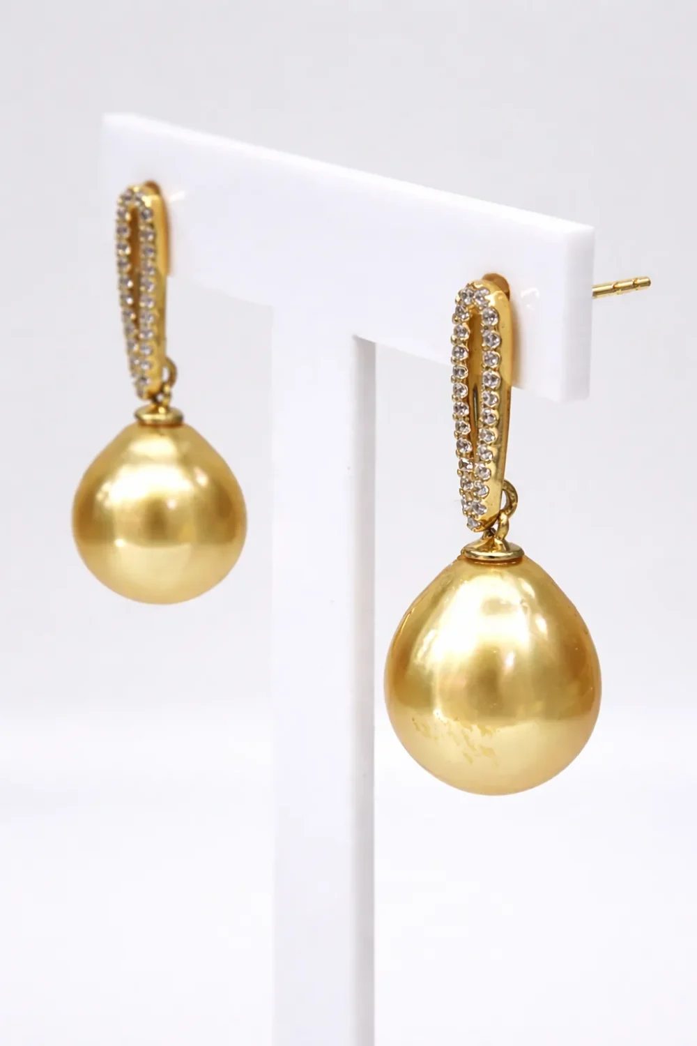 9ct Yellow Gold CZ Set Drop Stud Earrings with 11.0–11.5mm South Sea Golden Pearls - 9CTPVZGP