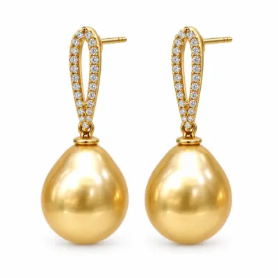 9ct Yellow Gold CZ Set Drop Stud Earrings with 11.0–11.5mm South Sea Golden Pearls - 9CTPVZGP