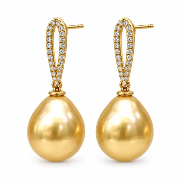 9ct Yellow Gold CZ Set Drop Stud Earrings with 11.0–11.5mm South Sea Golden Pearls - 9CTPVZGP