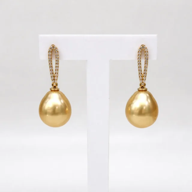 9ct Yellow Gold CZ Set Drop Stud Earrings with 11.0–11.5mm South Sea Golden Pearls - 9CTPVZGP