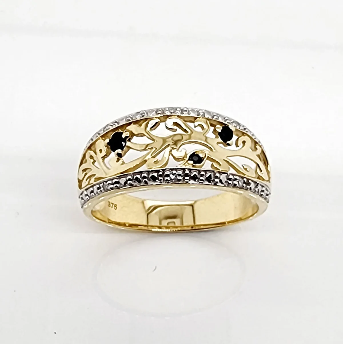 9ct Yellow Gold Diamond & Black Sapphire Filigree Ring