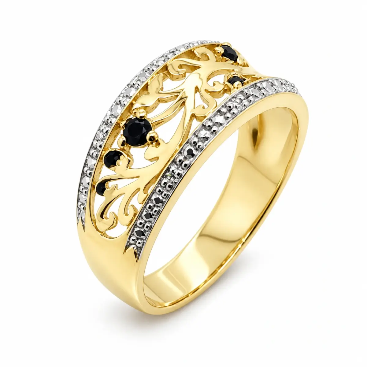 9ct Yellow Gold Diamond & Black Sapphire Filigree Ring