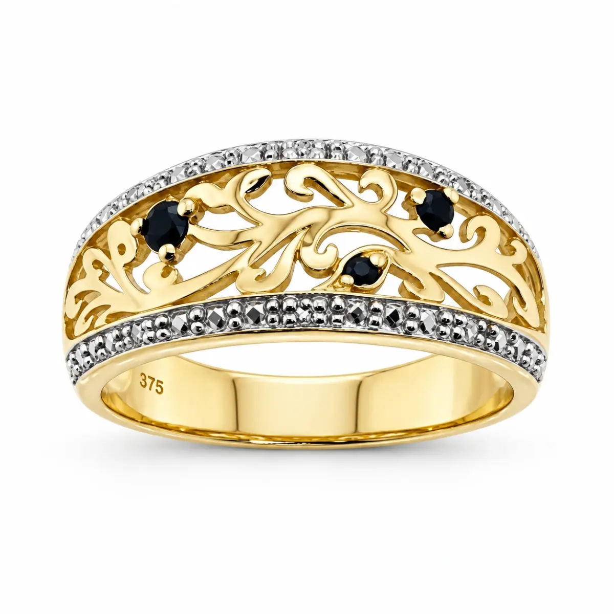 9ct Yellow Gold Diamond & Black Sapphire Filigree Ring