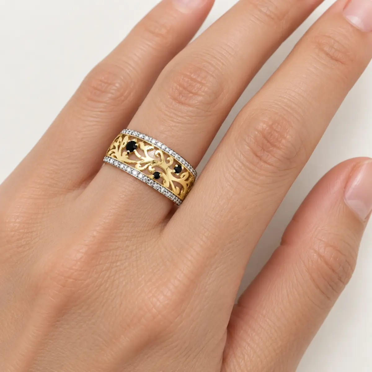 9ct Yellow Gold Diamond & Black Sapphire Filigree Ring