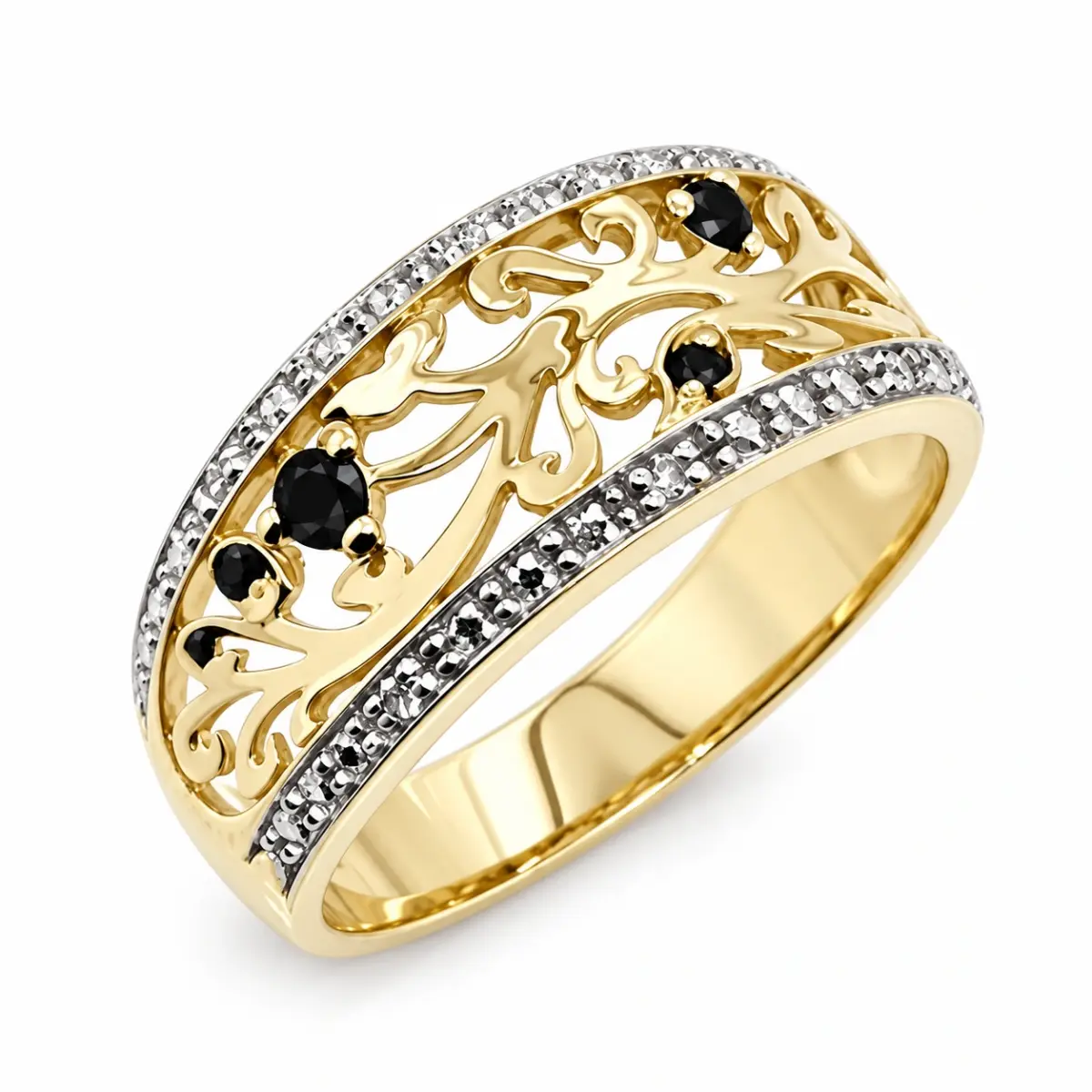 9ct Yellow Gold Diamond & Black Sapphire Filigree Ring
