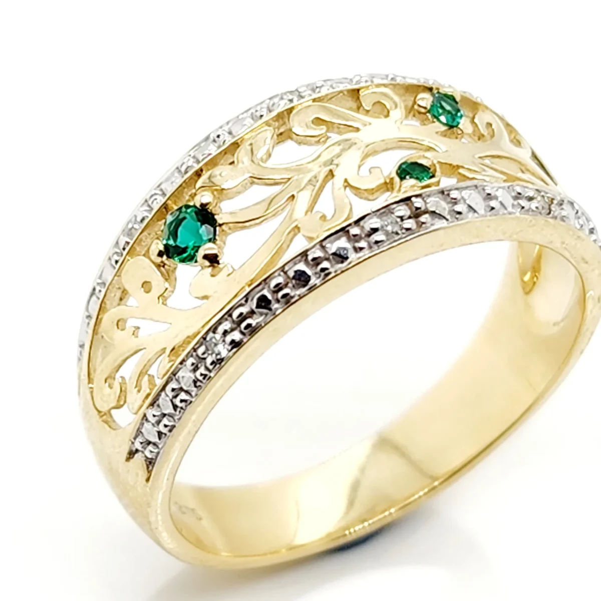 9ct Yellow Gold Diamond & Created Emerald Filigree Ring