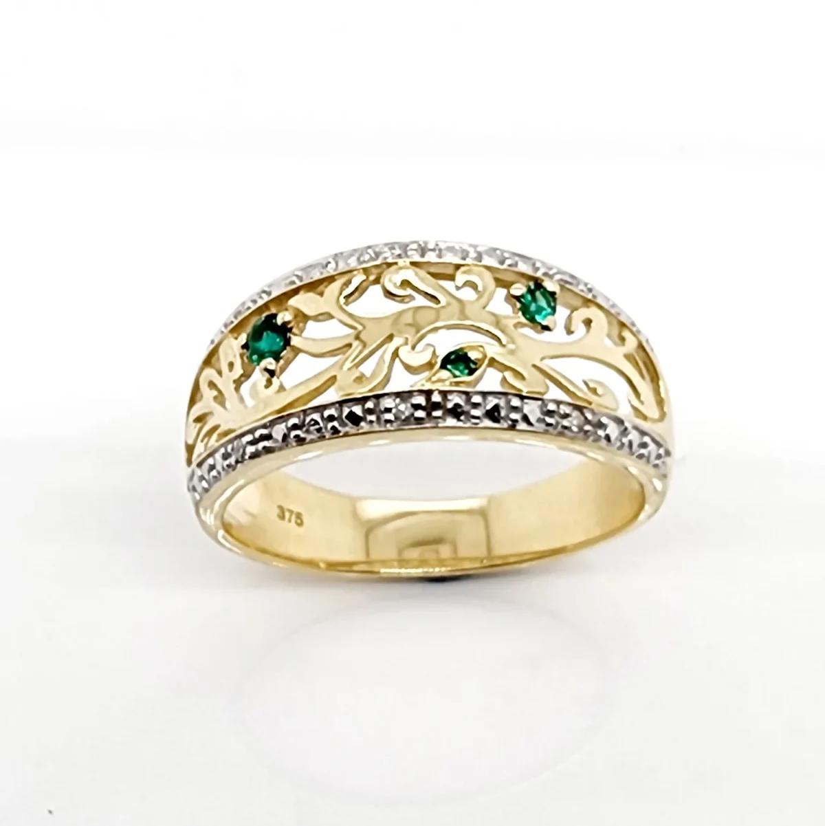 9ct Yellow Gold Diamond & Created Emerald Filigree Ring