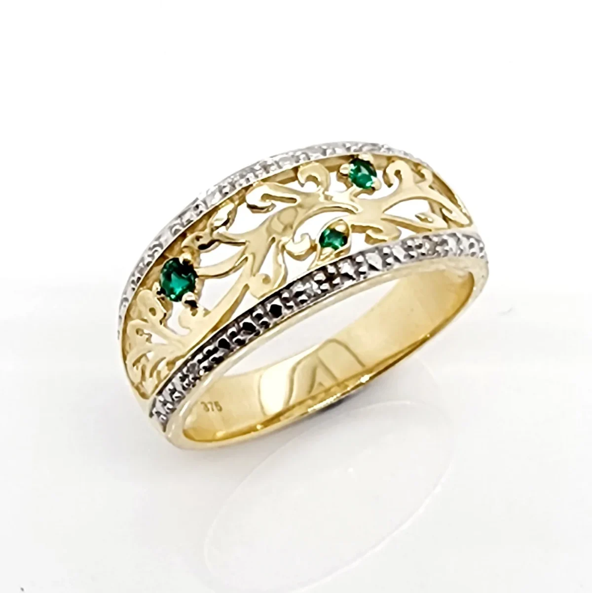 9ct Yellow Gold Diamond & Created Emerald Filigree Ring