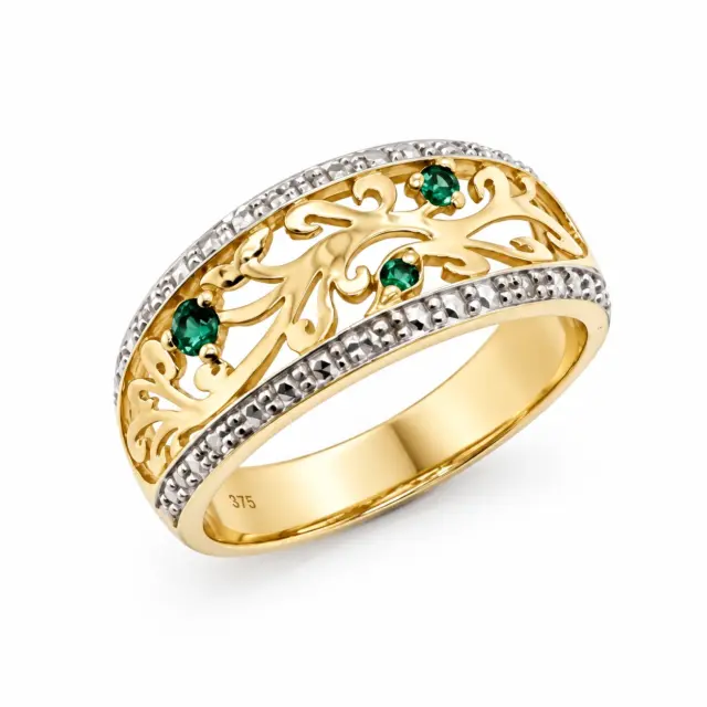 9ct Yellow Gold Diamond & Created Emerald Filigree Ring