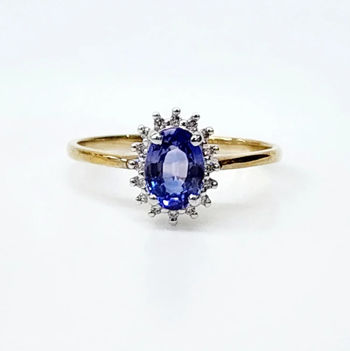 9ct Yellow Gold Diamond Cluster with Ceylon Sapphire Ring