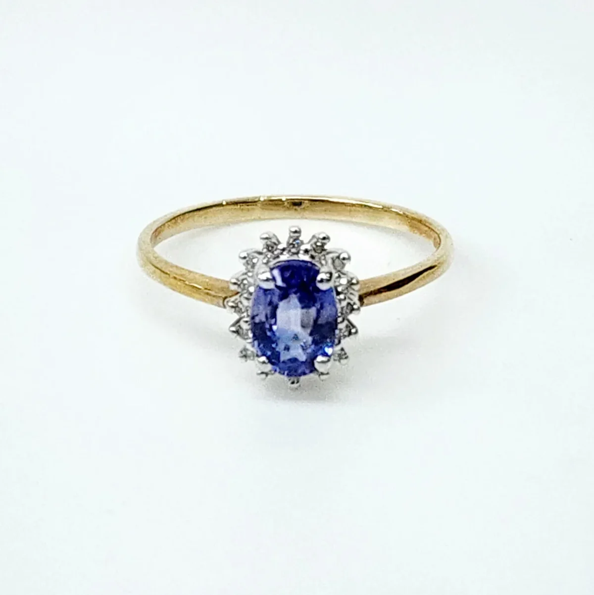 9ct Yellow Gold Diamond Cluster with Ceylon Sapphire Ring