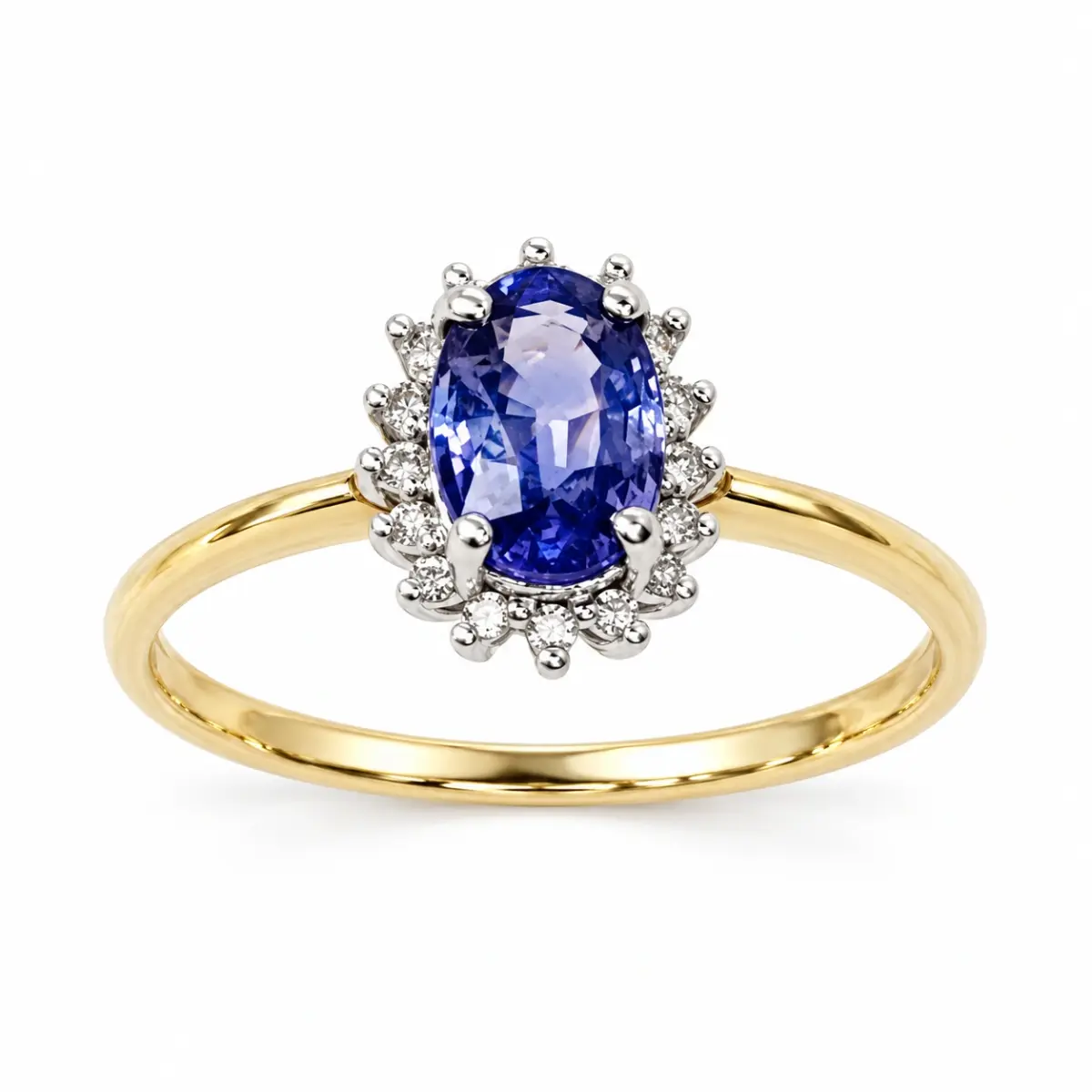 9ct Yellow Gold Diamond Cluster with Ceylon Sapphire Ring