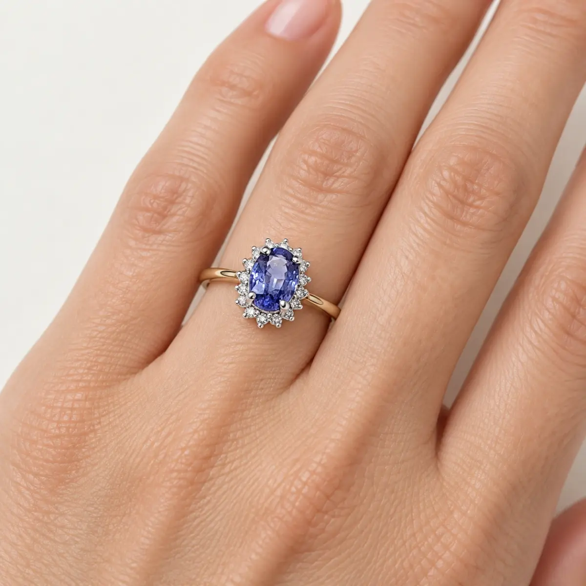 9ct Yellow Gold Diamond Cluster with Ceylon Sapphire Ring