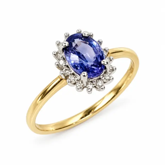 9ct Yellow Gold Diamond Cluster with Ceylon Sapphire Ring