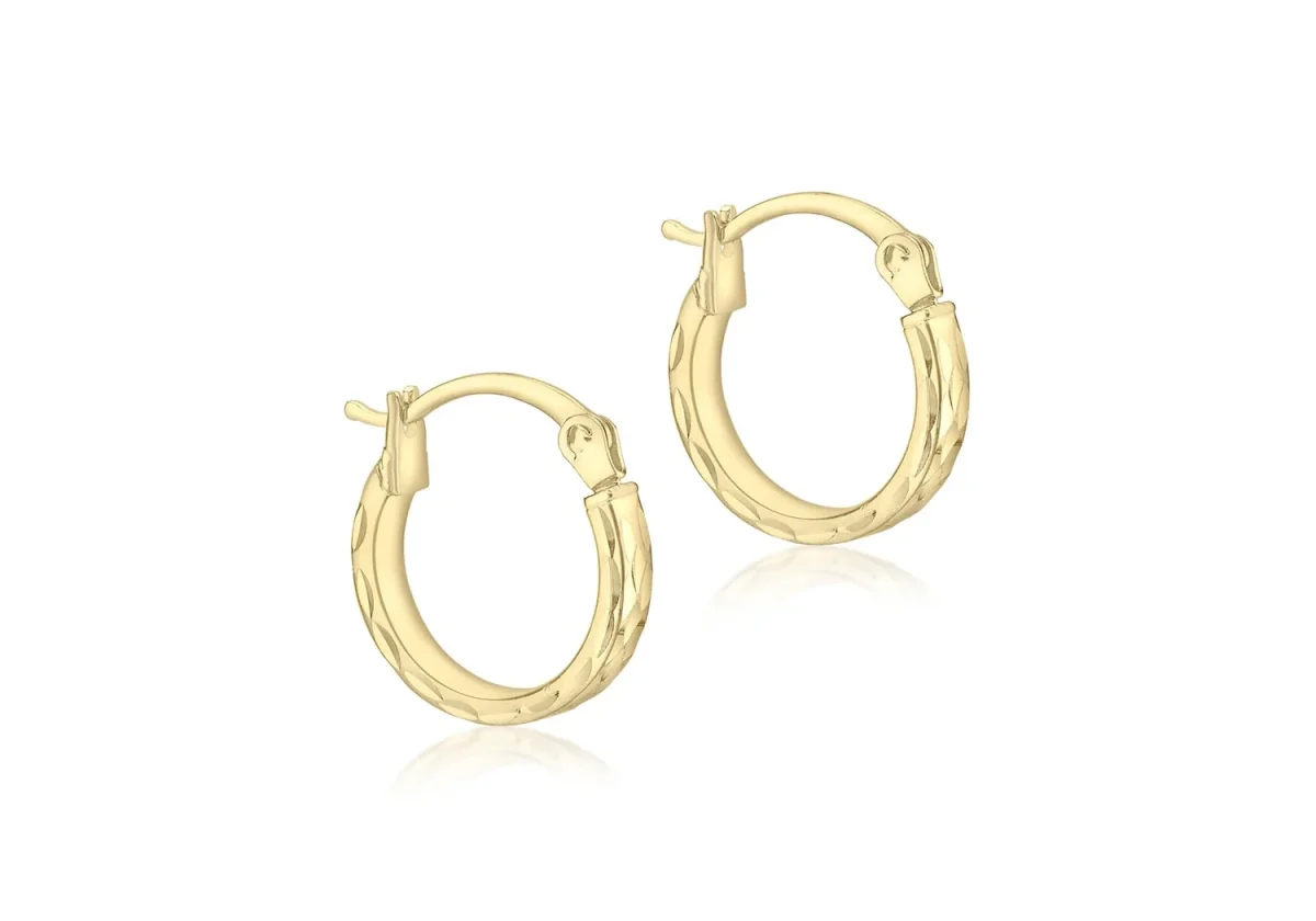 9ct Yellow Gold Diamond Cut 13mm Hoop Earrings - 1.51.1559