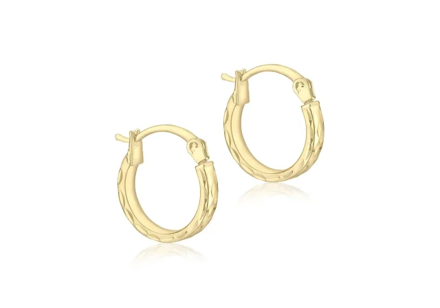 9ct Yellow Gold Diamond Cut 13mm Hoop Earrings - 1.51.1559