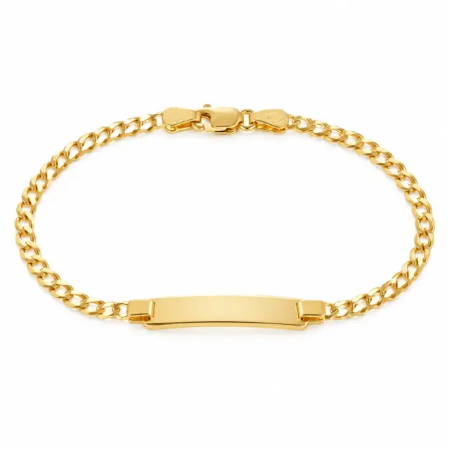 9ct Yellow Gold Diamond Cut Elongated Curb Link Kids ID Bracelet 16cm Long