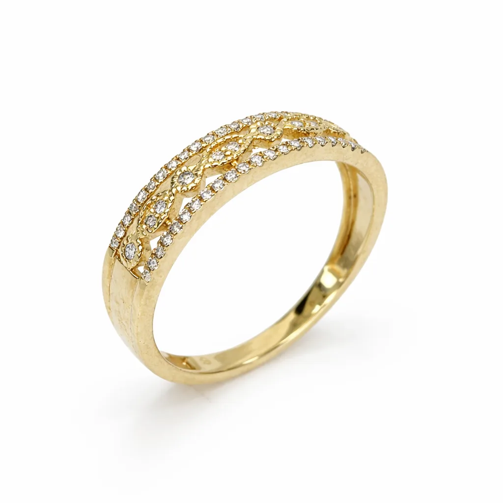 9ct Yellow Gold Diamond Filigree Ring 0.19ct Natural Diamonds | Vintage Inspired Openwork Band - AURG988