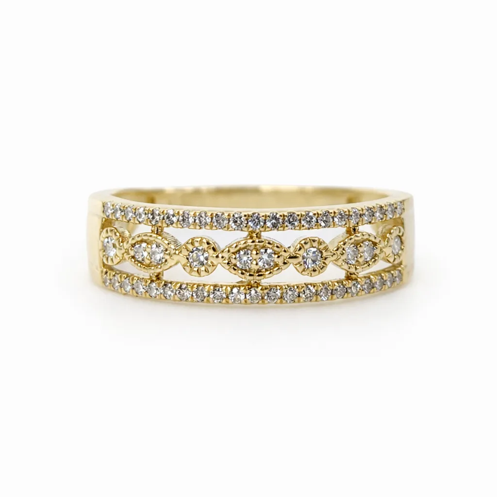 9ct Yellow Gold Diamond Filigree Ring 0.19ct Natural Diamonds | Vintage Inspired Openwork Band - AURG988