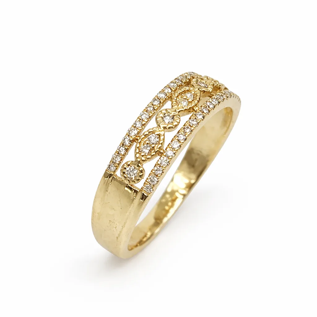 9ct Yellow Gold Diamond Filigree Ring 0.19ct Natural Diamonds | Vintage Inspired Openwork Band - AURG988