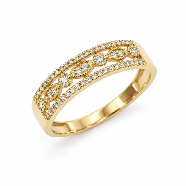 9ct Yellow Gold Diamond Filigree Ring 0.19ct Natural Diamonds | Vintage Inspired Openwork Band - AURG988