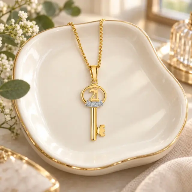 9ct Yellow Gold Diamond Set 21st Key Pendant