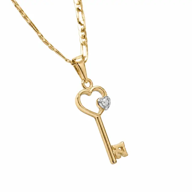 9ct Yellow Gold Diamond Set 21st Key Pendant with Open Heart