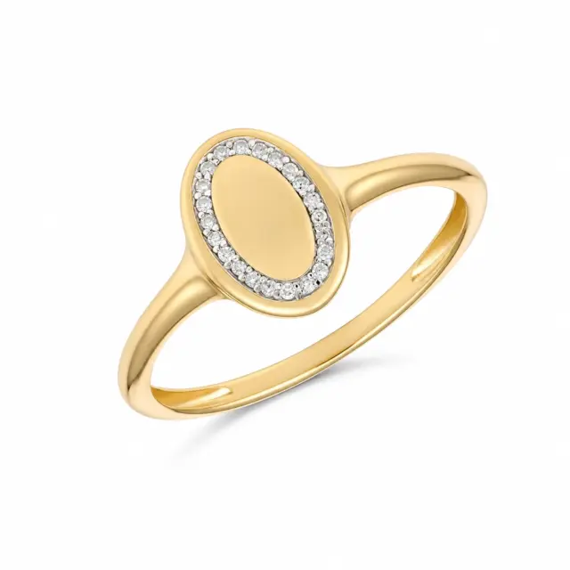 9ct Yellow Gold Diamond Set Oval Signet Ring - R2008