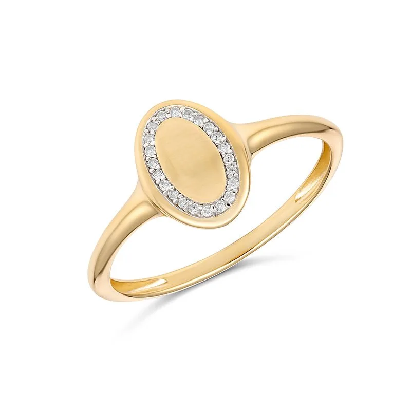 9ct Yellow Gold Diamond Set Oval Signet Ring - R2008