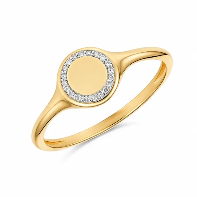 9ct Yellow Gold Diamond Set Round Signet Ring - R2011